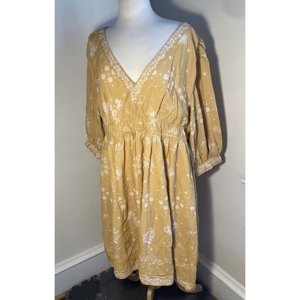 3X eShakti Mustard Yellow Midi Flowing Summer Floral Dress Size 3XL Pockets